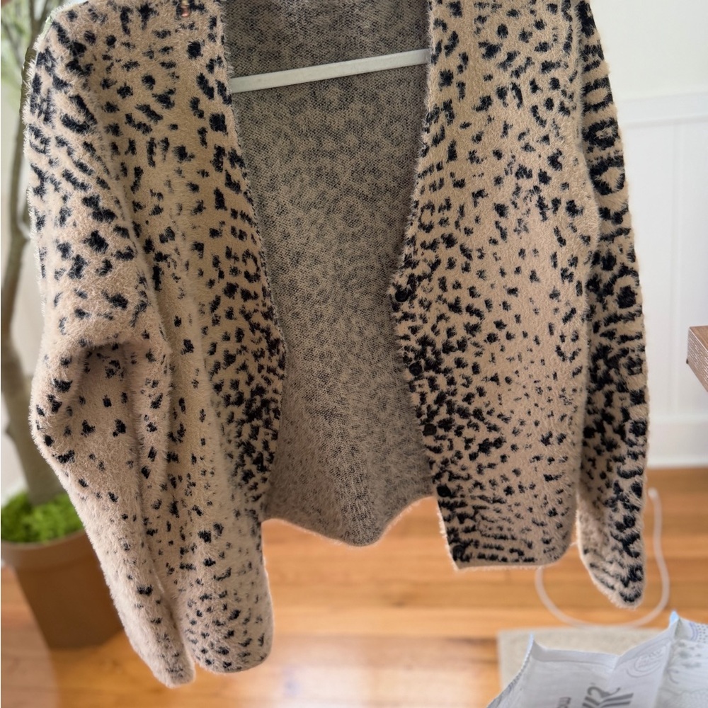 Leopard Print Open Front Cozy Cardigan - Beige & Black